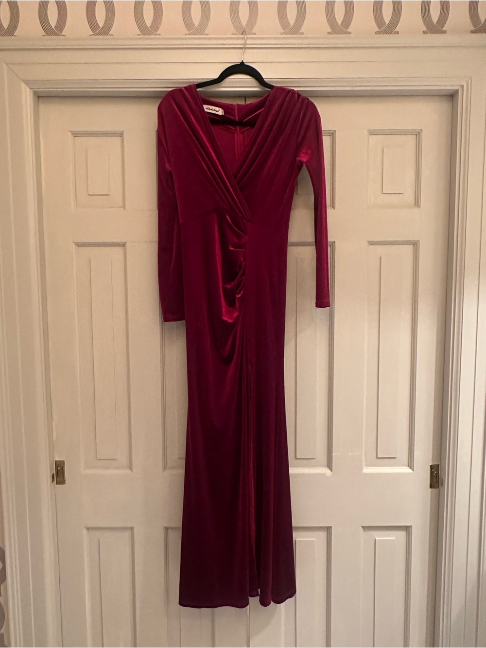 Elegant Long Sleeve Velvet Wrap Maxi Dress - Burgundy